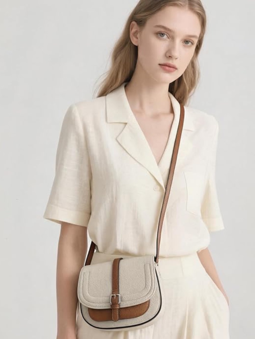 GOIACII Cream  and Brown Leather Crossbody Bag